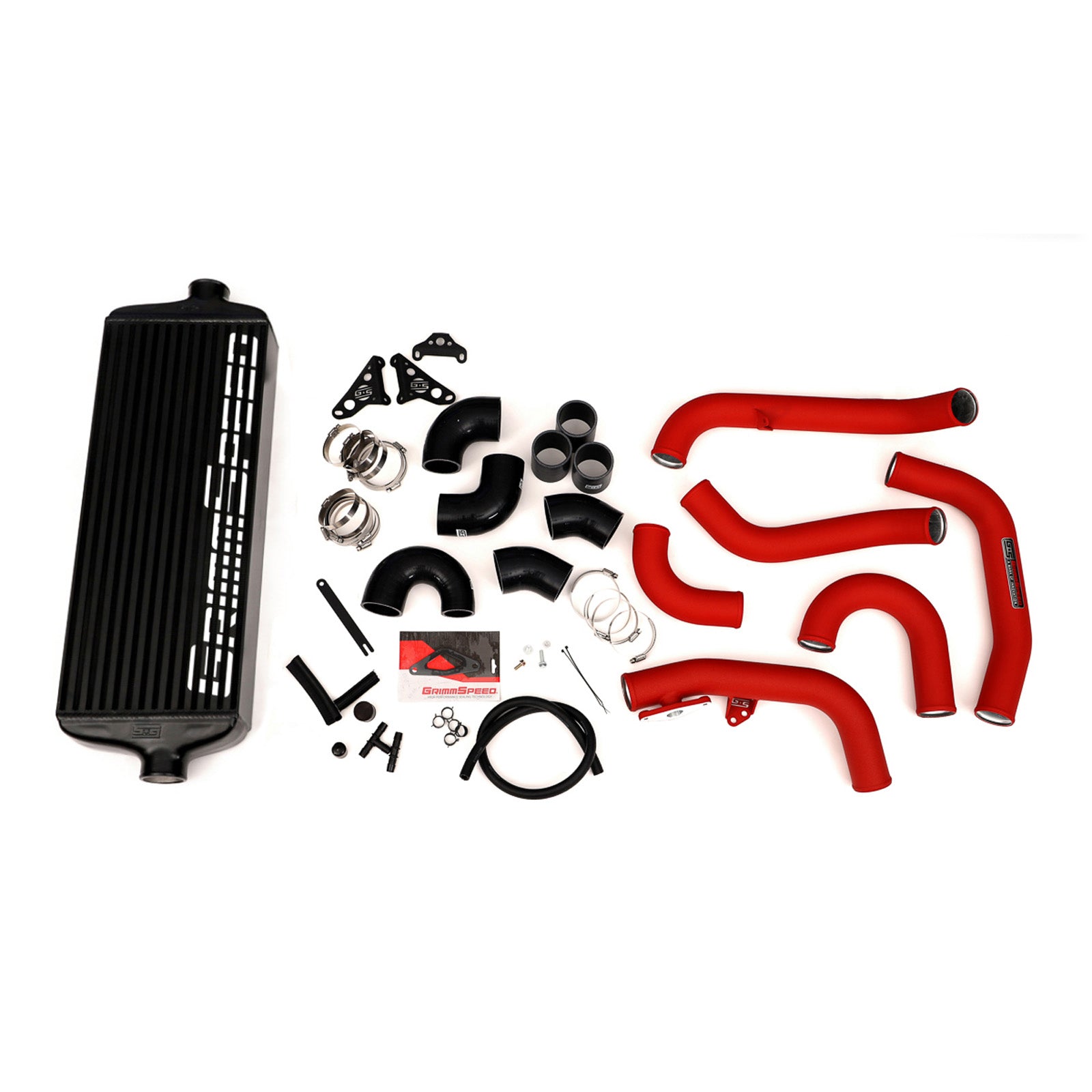 GrimmSpeed Front Mount Intercooler Kit - Black Core with Red Piping - 2015-21 Subaru STI