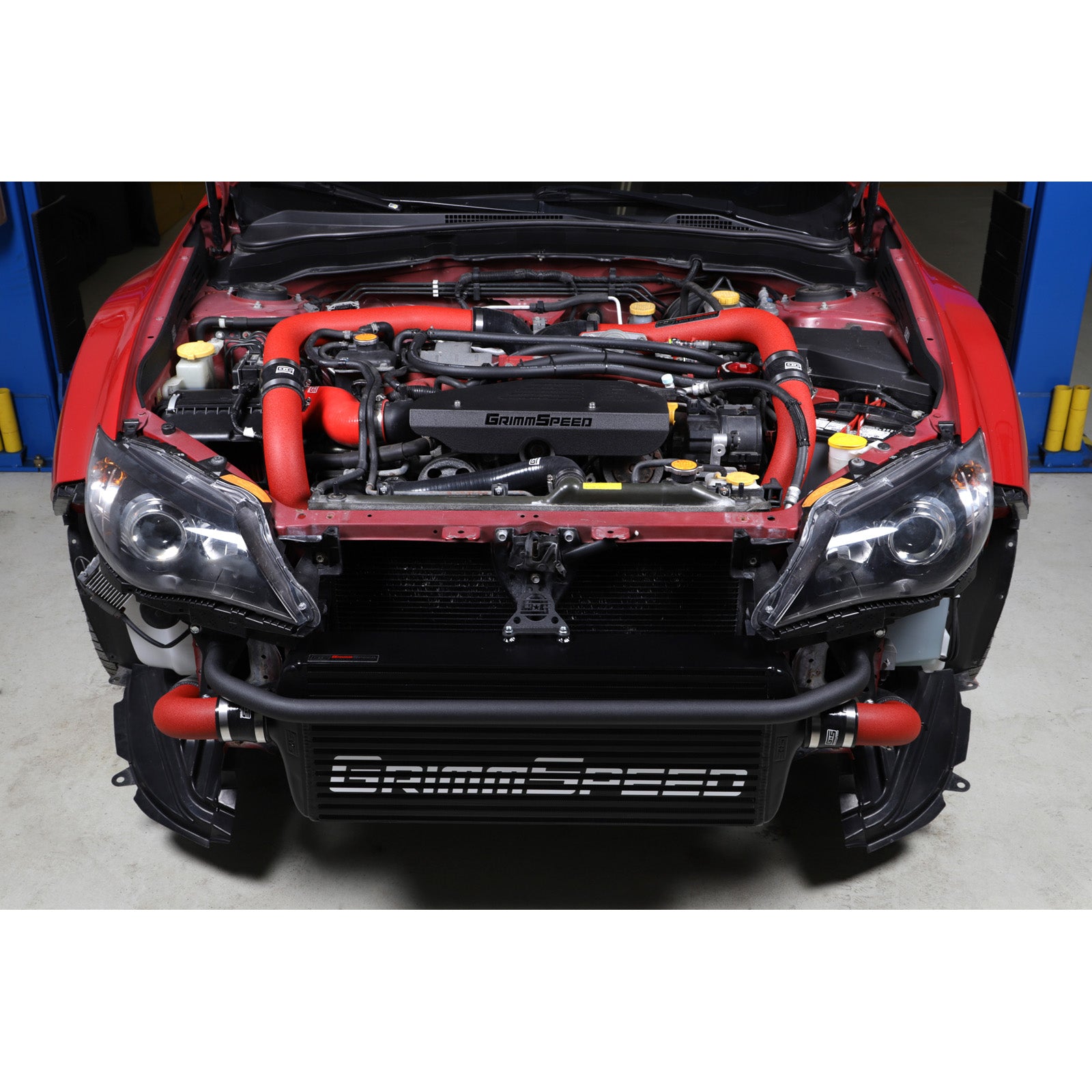 GrimmSpeed Front Mount Intercooler Kit - Black Core with Red Piping - 2008-14 Subaru STI