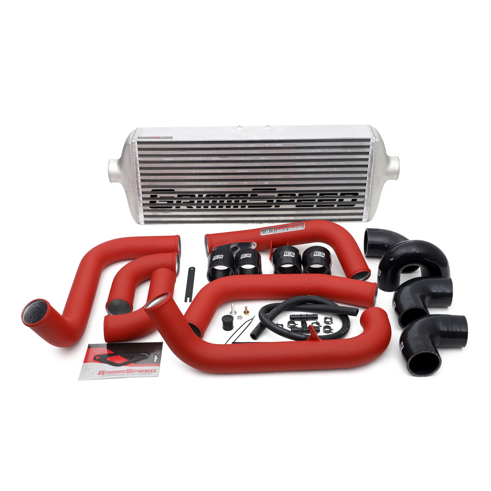 GrimmSpeed Front Mount Intercooler Kit - Raw Core with Red Piping - 2008-14 Subaru STI